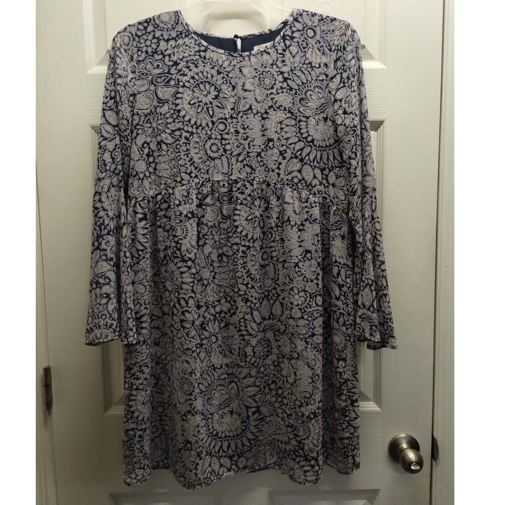 LOFT Outlet Womens Size Medium Blue Paisley Floral Flare Sheer Sleeve Mini Dress